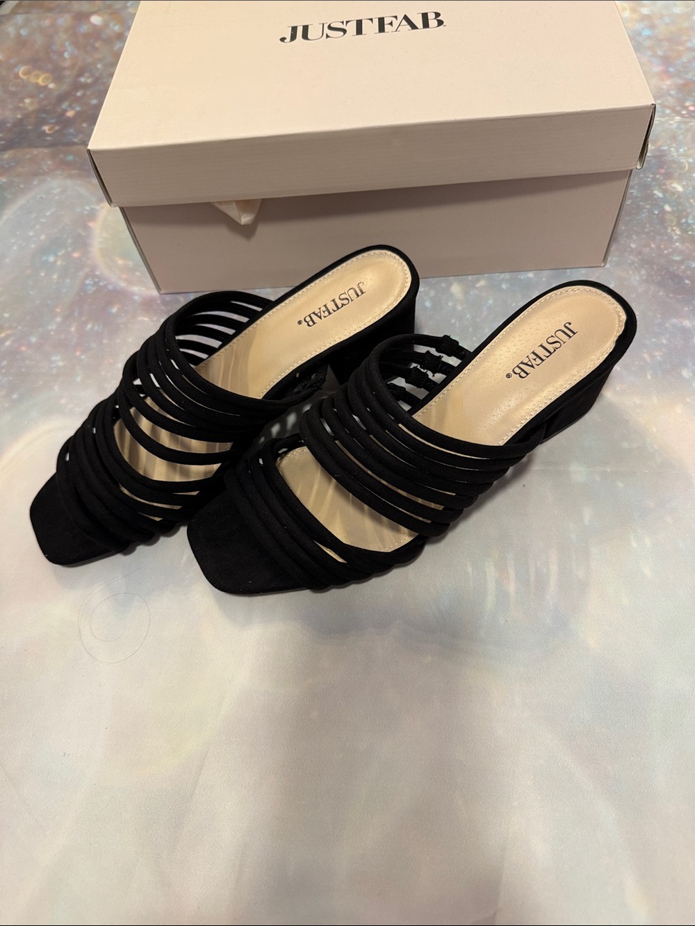 JUSTFAB Black Strappy Slide Heels 7.5